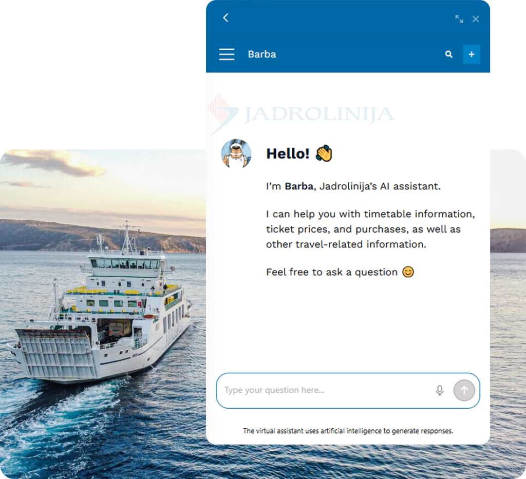 Barba AI chat window on a phone next to a Jadrolinija ferry