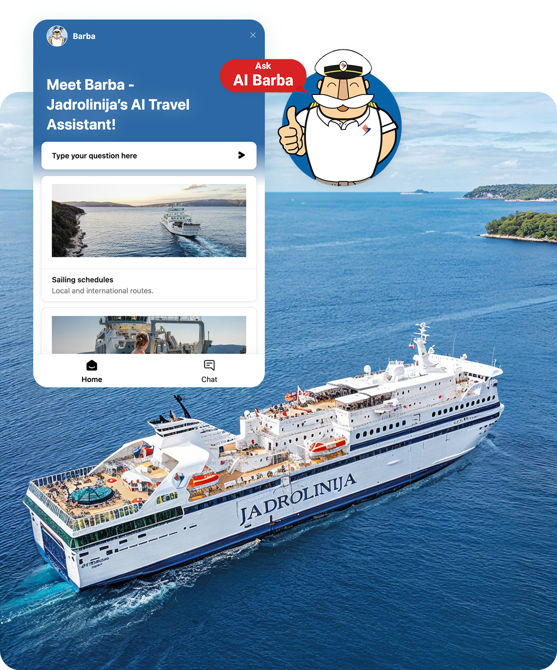 Barba AI chat assistant on jadrolinija.hr above a Jadrolinija ferry at sea